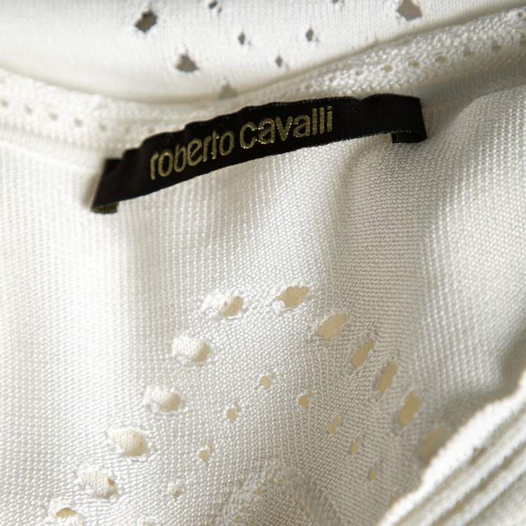 Pre Owned Roberto Cavalli White Perforated Textured Lace Knit Sleeveless Top M