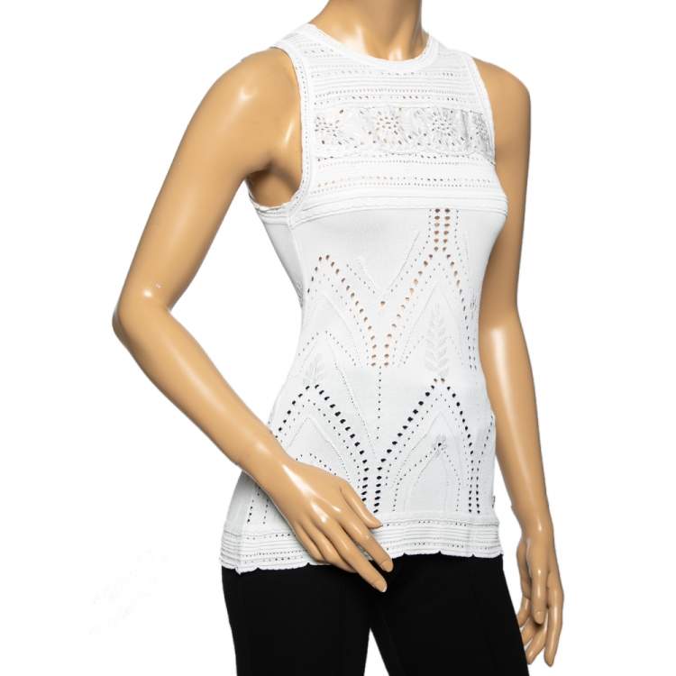 Pre Owned Roberto Cavalli White Perforated Textured Lace Knit Sleeveless Top M