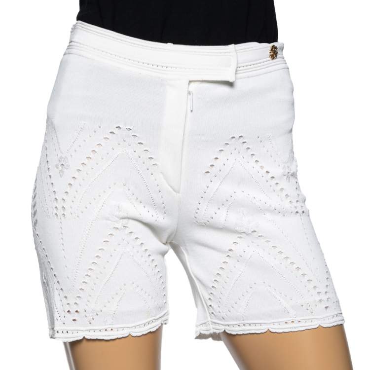 Pre Owned Roberto Cavalli White Perforated Textured Lace Knit Short M 