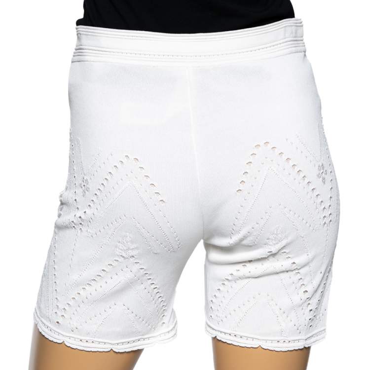 Pre Owned Roberto Cavalli White Perforated Textured Lace Knit Short M 