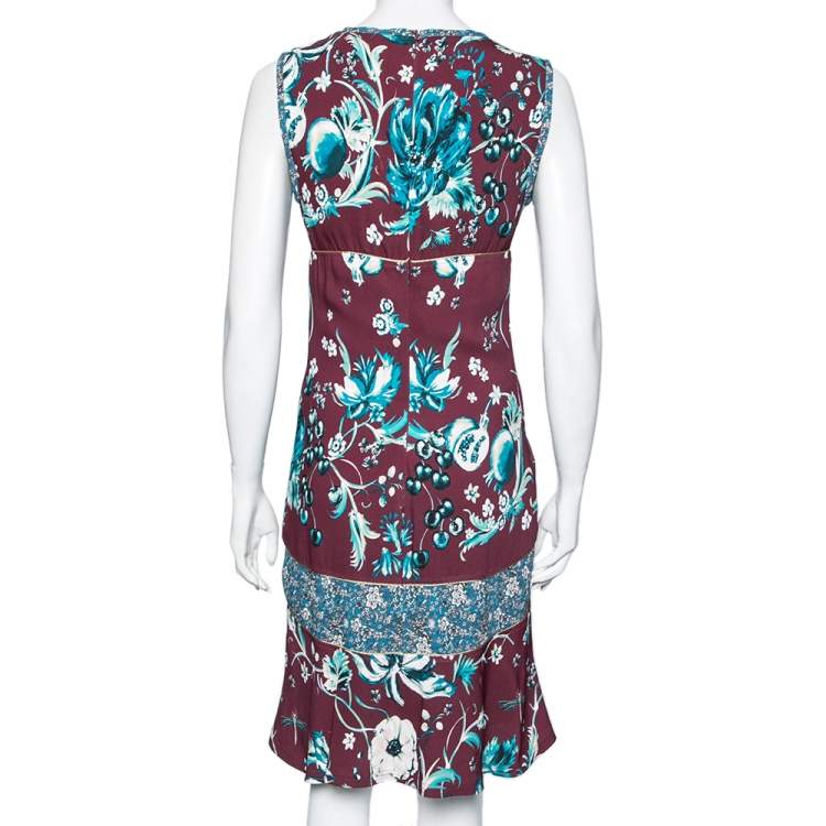 Pre Owned Roberto Cavalli Burgundy Floral Printed Jersey Flared V Neck Dress M