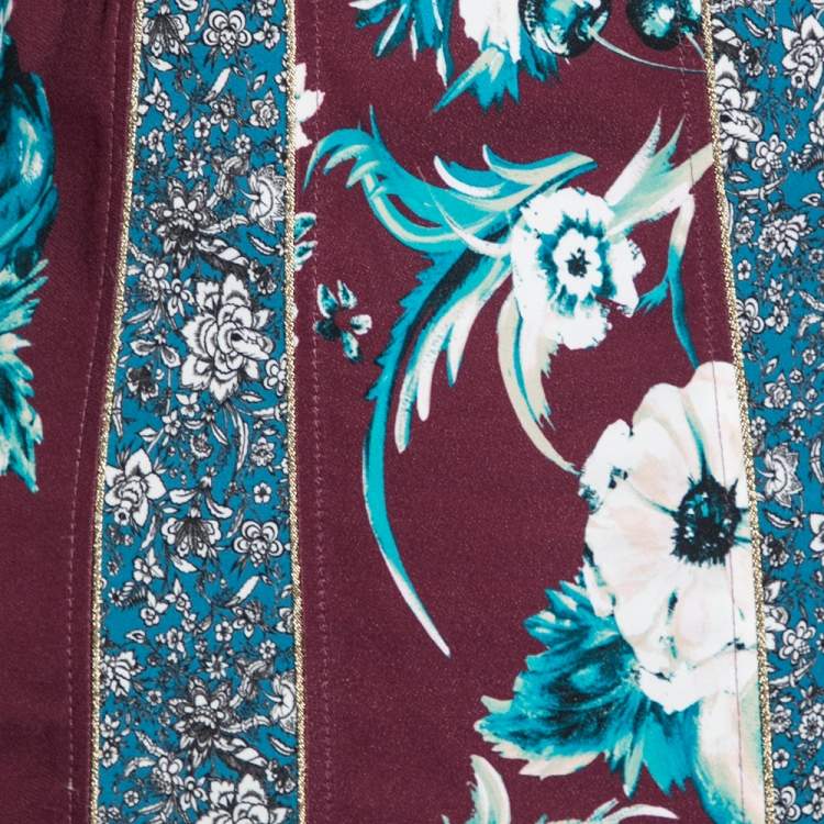 Pre Owned Roberto Cavalli Burgundy Floral Printed Jersey Flared V Neck Dress M