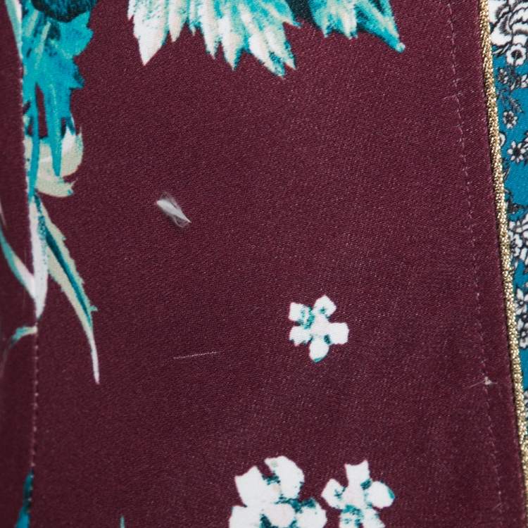 Pre Owned Roberto Cavalli Burgundy Floral Printed Jersey Flared V Neck Dress M