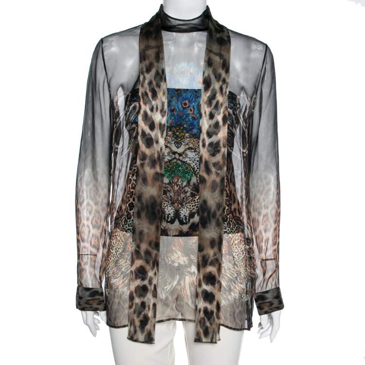Pre Owned Roberto Cavalli Black and Brown Animal Printed Long Sleeve Shirt M