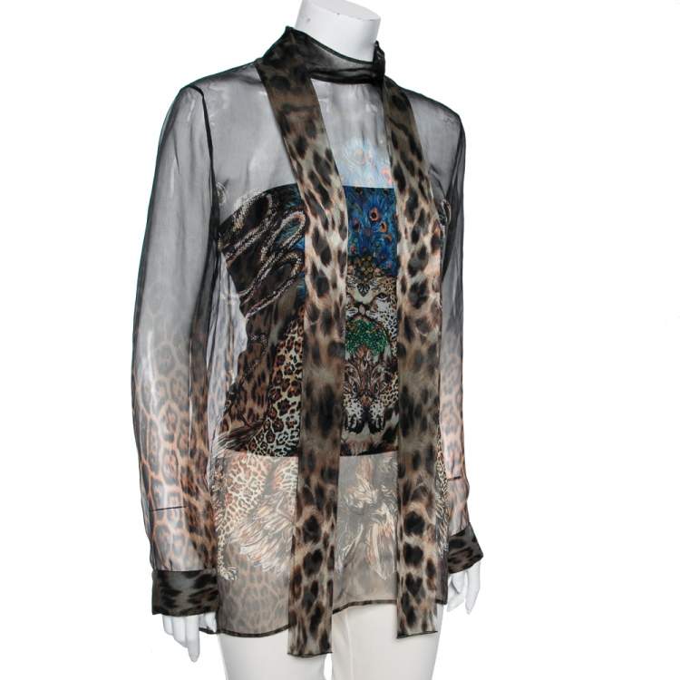 Pre Owned Roberto Cavalli Black and Brown Animal Printed Long Sleeve Shirt M
