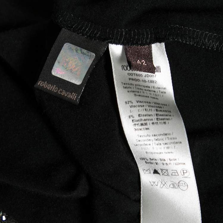 Pre Owned Roberto Cavalli Black Brocade Printed Jersey Crystal Embellished Cap Sleeve Top M