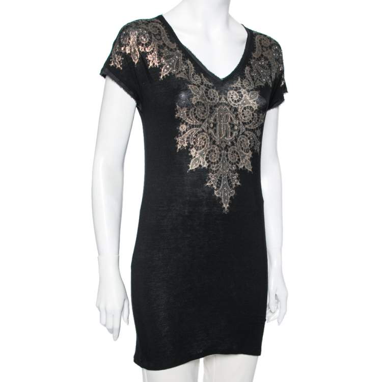 Pre Owned Roberto Cavalli Black Brocade Printed Jersey Crystal Embellished Cap Sleeve Top M