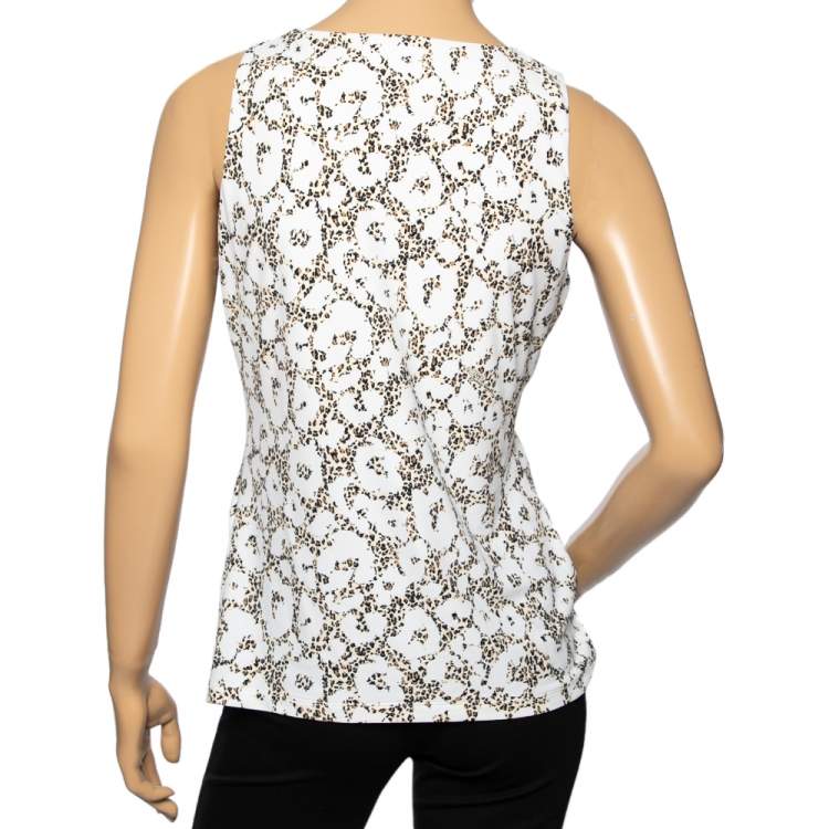 مملوكة مسبقًا Roberto Cavalli White Leopard Printed Nylon Pleated Sleeveless Top M