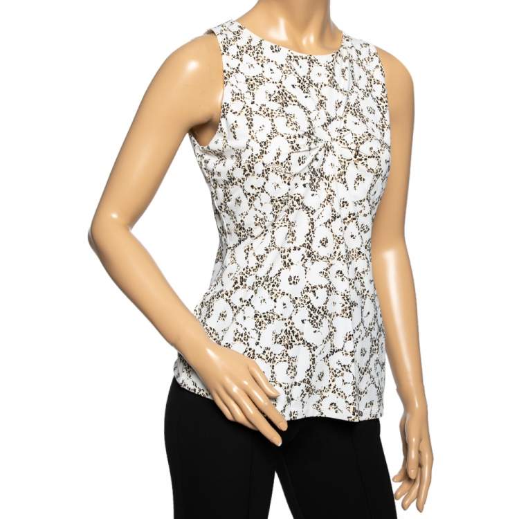 مملوكة مسبقًا Roberto Cavalli White Leopard Printed Nylon Pleated Sleeveless Top M