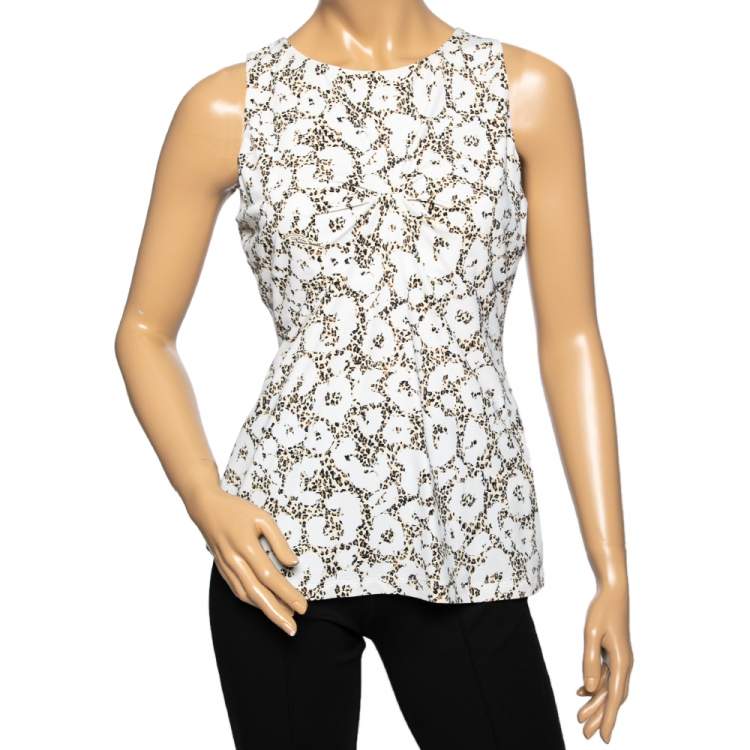 مملوكة مسبقًا Roberto Cavalli White Leopard Printed Nylon Pleated Sleeveless Top M