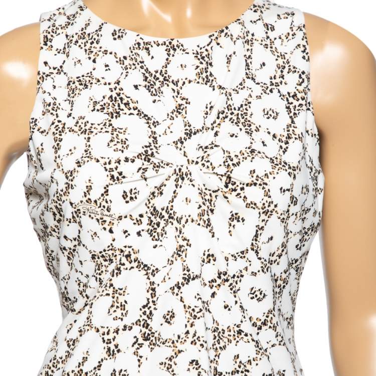 مملوكة مسبقًا Roberto Cavalli White Leopard Printed Nylon Pleated Sleeveless Top M