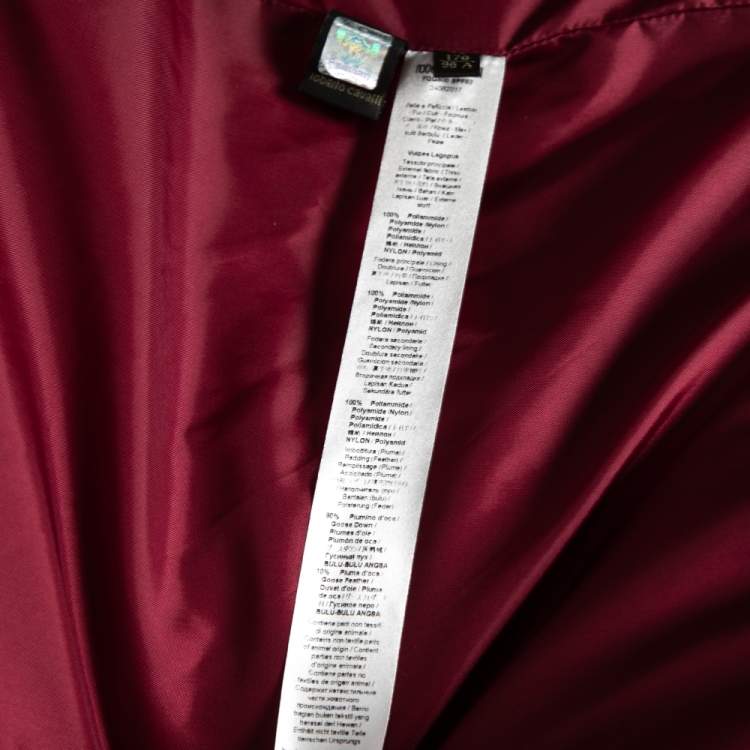 Pre Owned Roberto Cavalli Wine Red Floral Printed Synthetic Fur Collar Trim Coat M