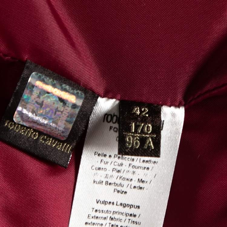 Pre Owned Roberto Cavalli Wine Red Floral Printed Synthetic Fur Collar Trim Coat M