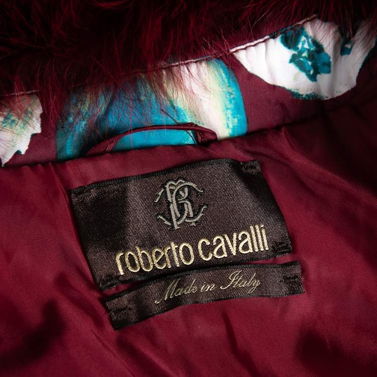 Pre Owned Roberto Cavalli Wine Red Floral Printed Synthetic Fur Collar Trim Coat M