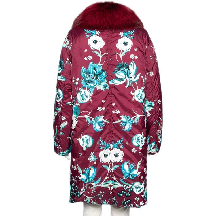 Pre Owned Roberto Cavalli Wine Red Floral Printed Synthetic Fur Collar Trim Coat M