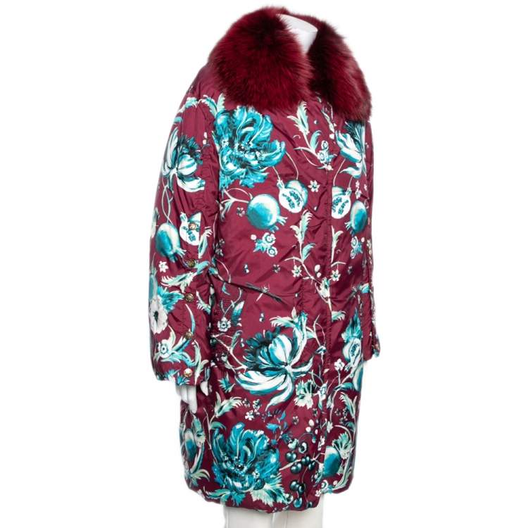 Pre Owned Roberto Cavalli Wine Red Floral Printed Synthetic Fur Collar Trim Coat M