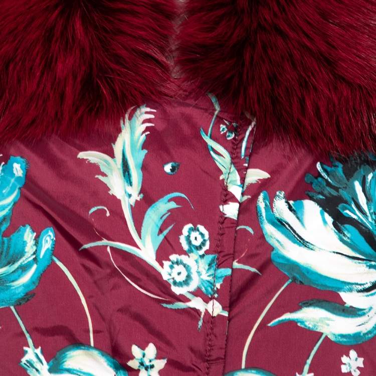 Pre Owned Roberto Cavalli Wine Red Floral Printed Synthetic Fur Collar Trim Coat M