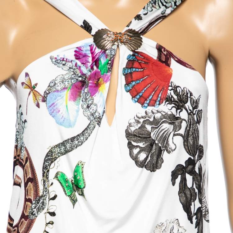 مملوكة مسبقًا Roberto Cavalli White Printed Nylon Keyhole Neck Sleeveless Dress M