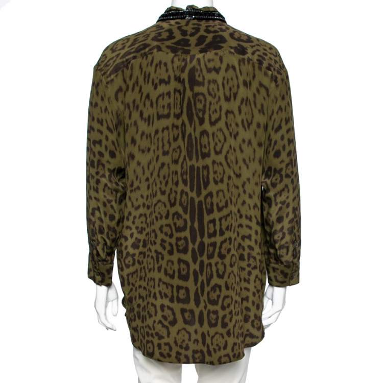 Pre Owned Roberto Cavalli Green Animal Printed Silk Embellished Shirt M