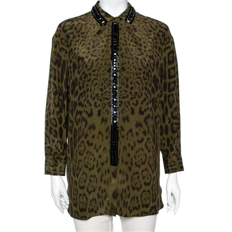 Pre Owned Roberto Cavalli Green Animal Printed Silk Embellished Shirt M