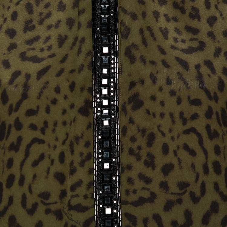 Pre Owned Roberto Cavalli Green Animal Printed Silk Embellished Shirt M