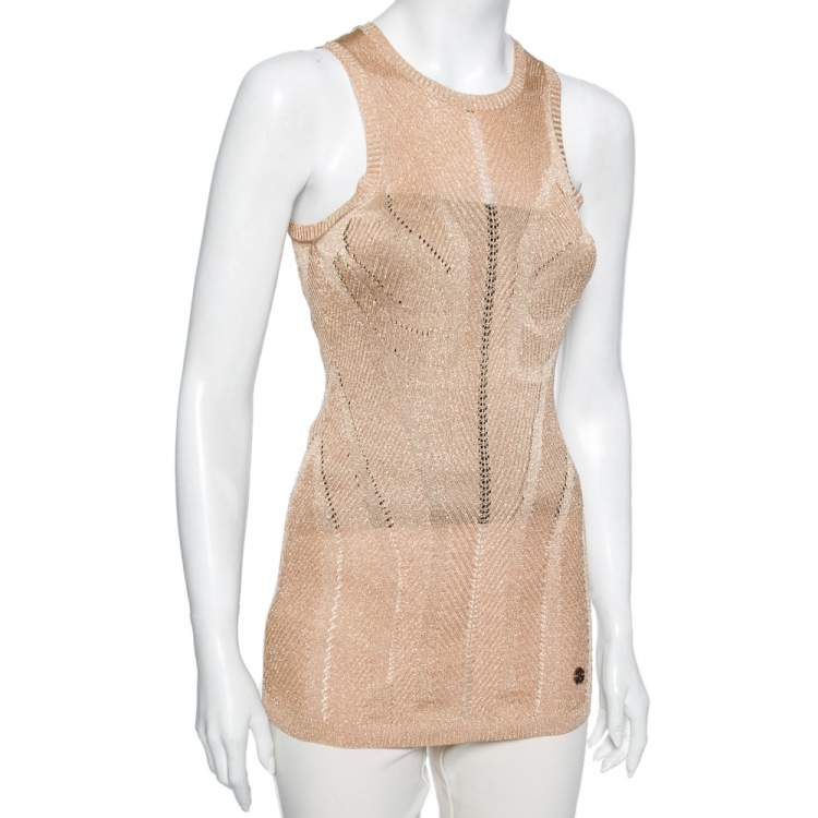 مملوكة مسبقًا Roberto Cavalli Gold Perforated Textured Knit Top M