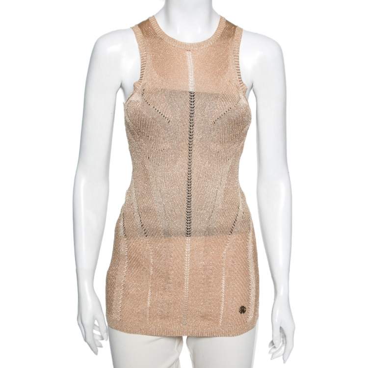 مملوكة مسبقًا Roberto Cavalli Gold Perforated Textured Knit Top M