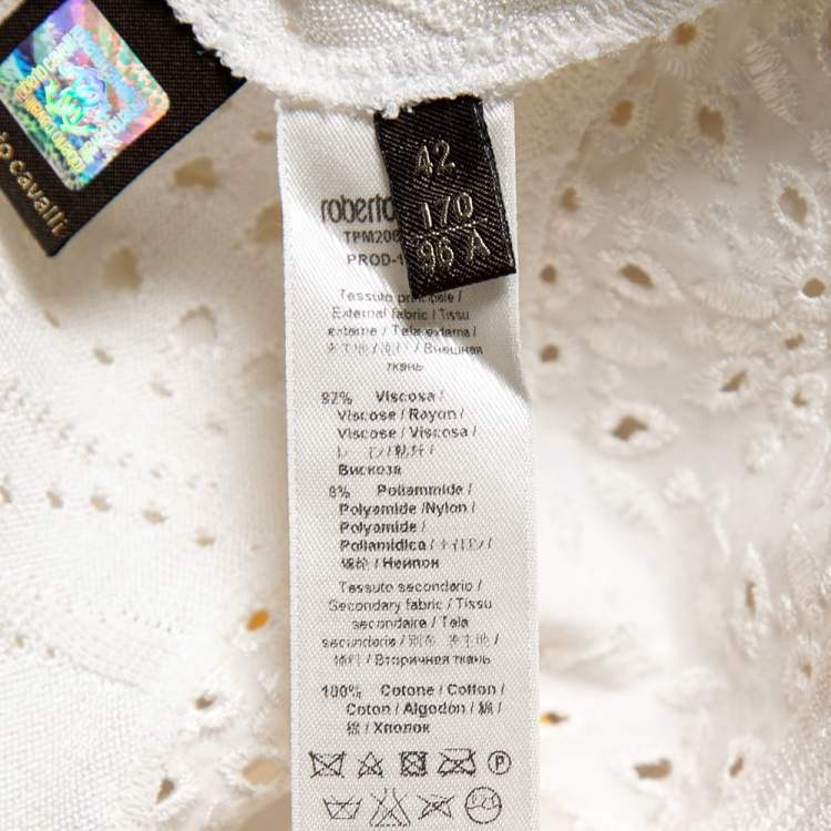 Pre Owned Roberto Cavalli White Perforated Knit & Embroidered Cotton Hook Front Shrug M