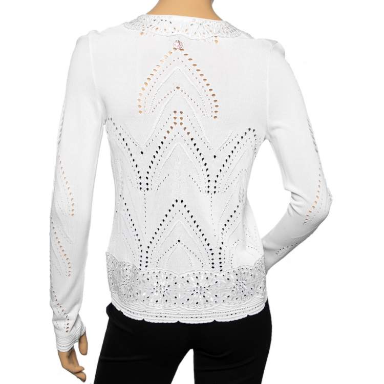 Pre Owned Roberto Cavalli White Perforated Knit & Embroidered Cotton Hook Front Shrug M