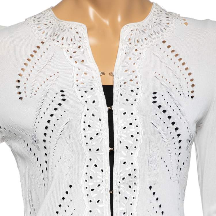 Pre Owned Roberto Cavalli White Perforated Knit & Embroidered Cotton Hook Front Shrug M
