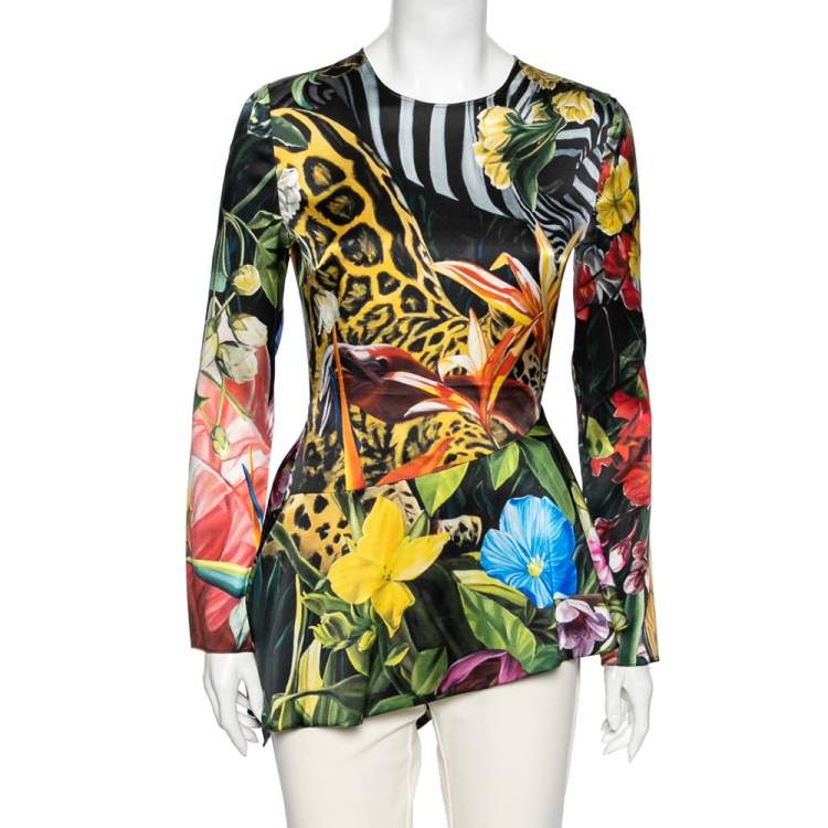 Pre Owned Roberto Cavalli Multicolor Floral Printed Satin Asymmetric Hem Top M