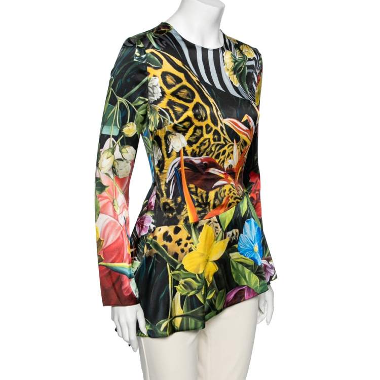 Pre Owned Roberto Cavalli Multicolor Floral Printed Satin Asymmetric Hem Top M
