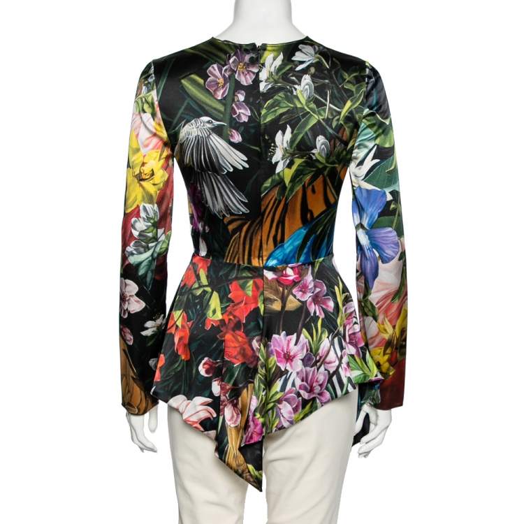 Pre Owned Roberto Cavalli Multicolor Floral Printed Satin Asymmetric Hem Top M