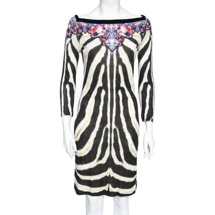 مملوكة مسبقًا Roberto Cavalli Black and Brown Animal and Crystal Printed Crepe Dress M