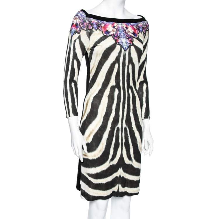 مملوكة مسبقًا Roberto Cavalli Black and Brown Animal and Crystal Printed Crepe Dress M