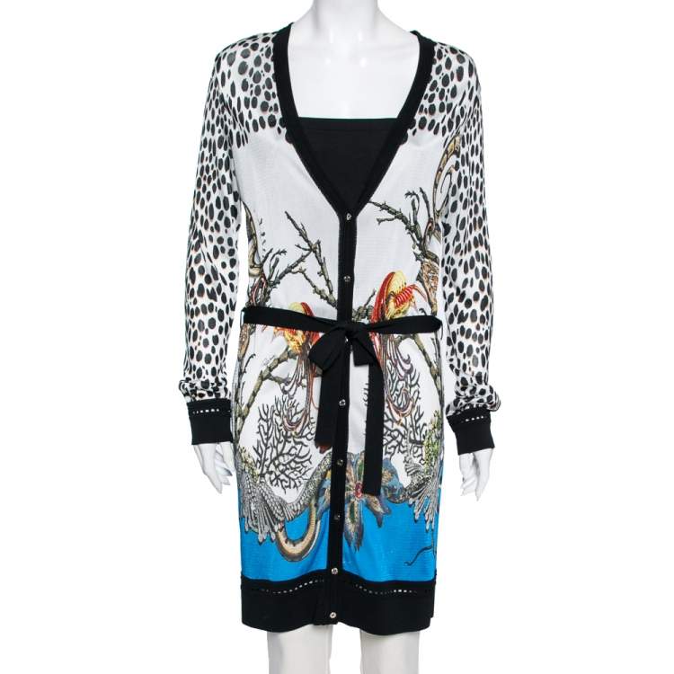 Pre Owned Roberto Cavalli White Animal Print Button Front Belted Cardigan M