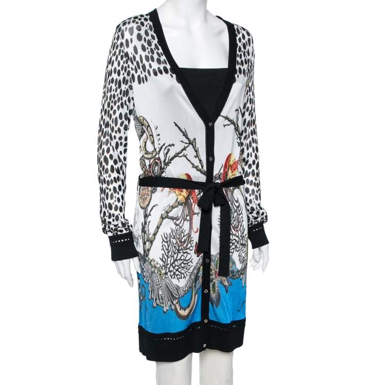 Pre Owned Roberto Cavalli White Animal Print Button Front Belted Cardigan M