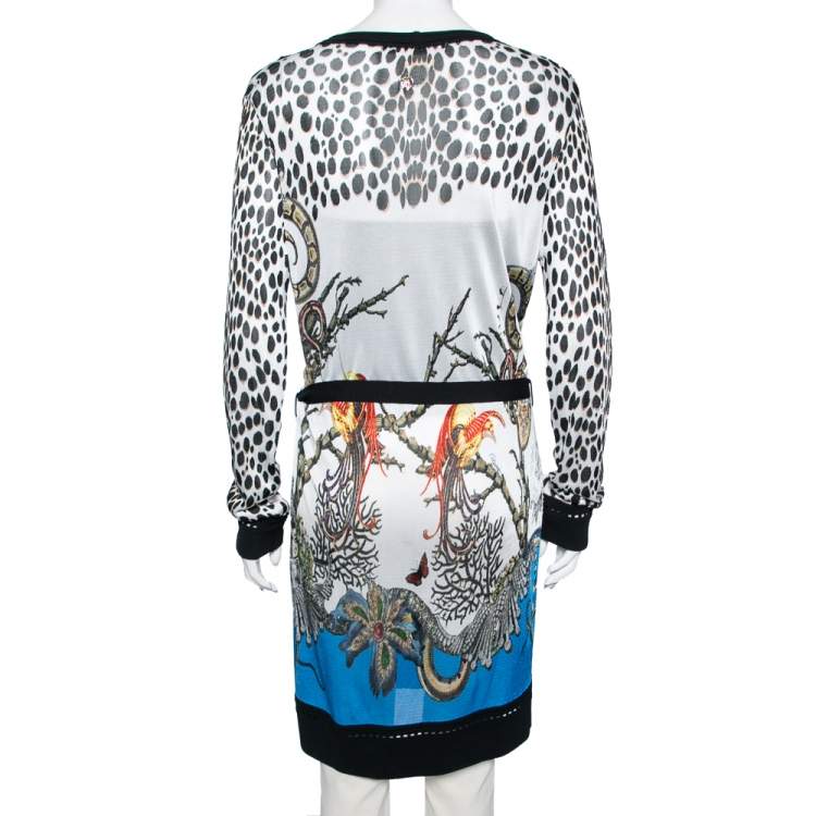 Pre Owned Roberto Cavalli White Animal Print Button Front Belted Cardigan M