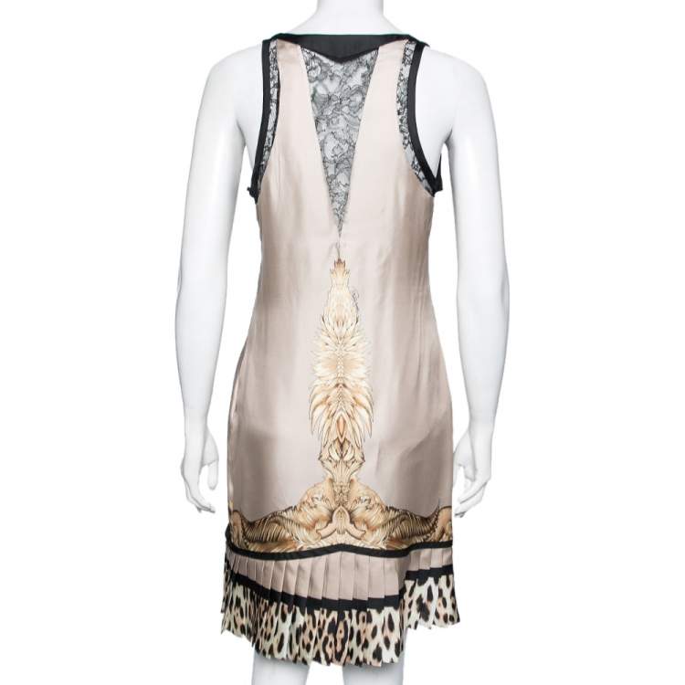 مملوكة مسبقًا Roberto Cavalli Beige Printed Silk Pleated Hem Sleeveless Dress M