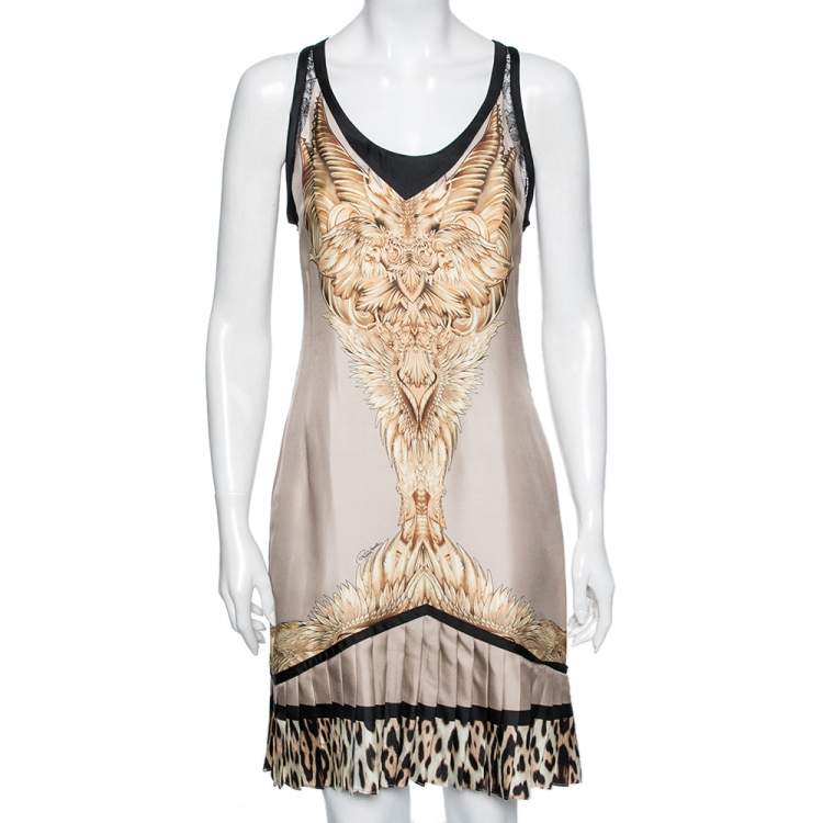 مملوكة مسبقًا Roberto Cavalli Beige Printed Silk Pleated Hem Sleeveless Dress M