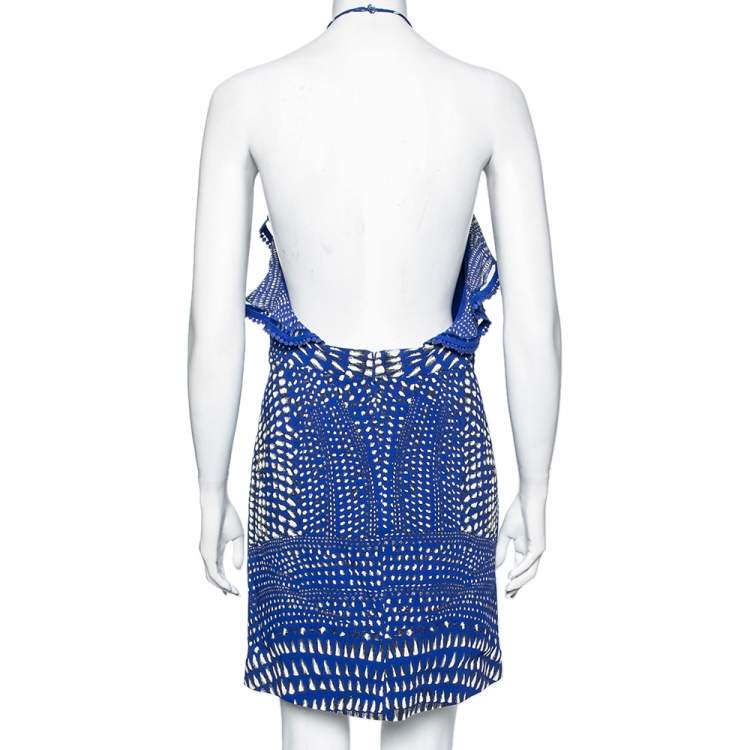 Pre Owned Roberto Cavalli Blue Printed Crepe Open Back Mini Dress M