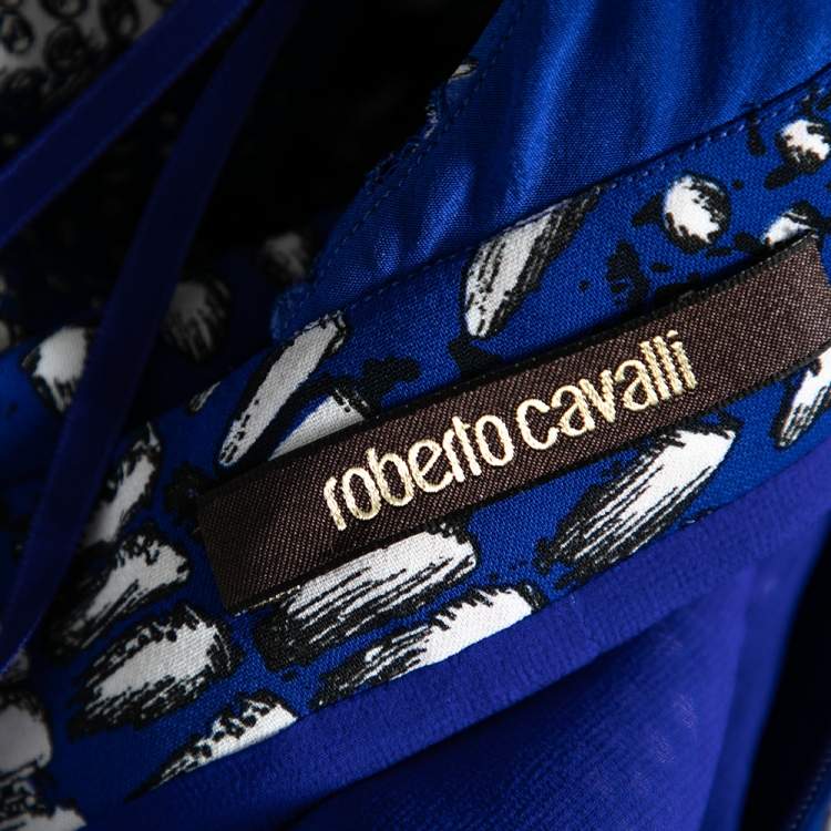 Pre Owned Roberto Cavalli Blue Printed Crepe Open Back Mini Dress M