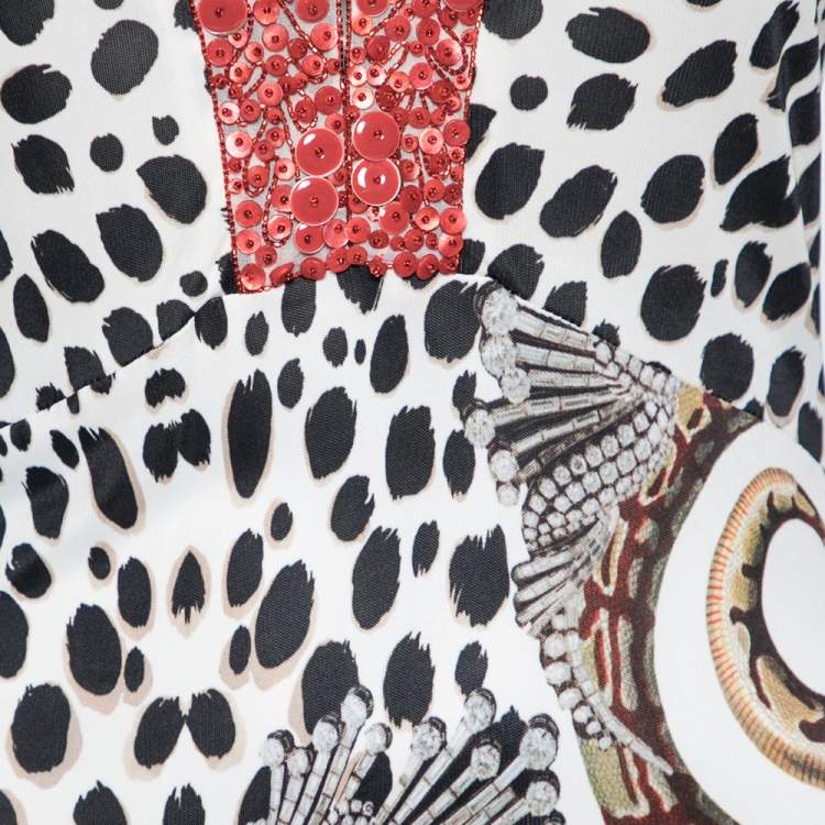 Pre Owned Roberto Cavalli Multicolor Animal Printed Jersey Beaded V Neck Dress M