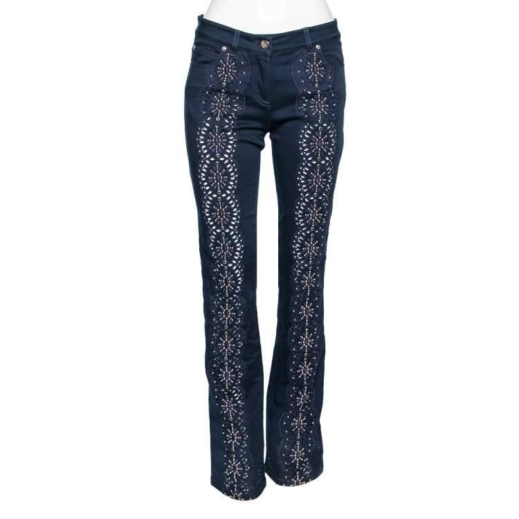 Pre Owned Roberto Cavalli Navy Blue Beaded and Embroidered Cut Straight Pants M
