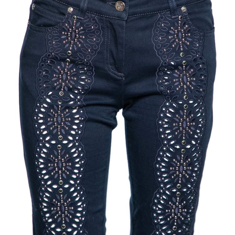 Pre Owned Roberto Cavalli Navy Blue Beaded and Embroidered Cut Straight Pants M