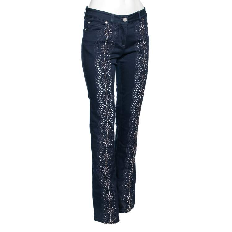 Pre Owned Roberto Cavalli Navy Blue Beaded and Embroidered Cut Straight Pants M