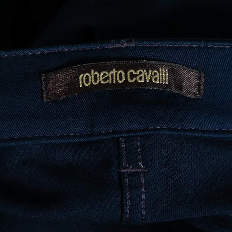 Pre Owned Roberto Cavalli Navy Blue Beaded and Embroidered Cut Straight Pants M