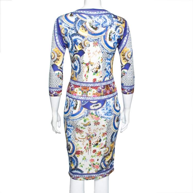 Pre Owned Roberto Cavalli Blue Floral Printed Jersey Dress M
