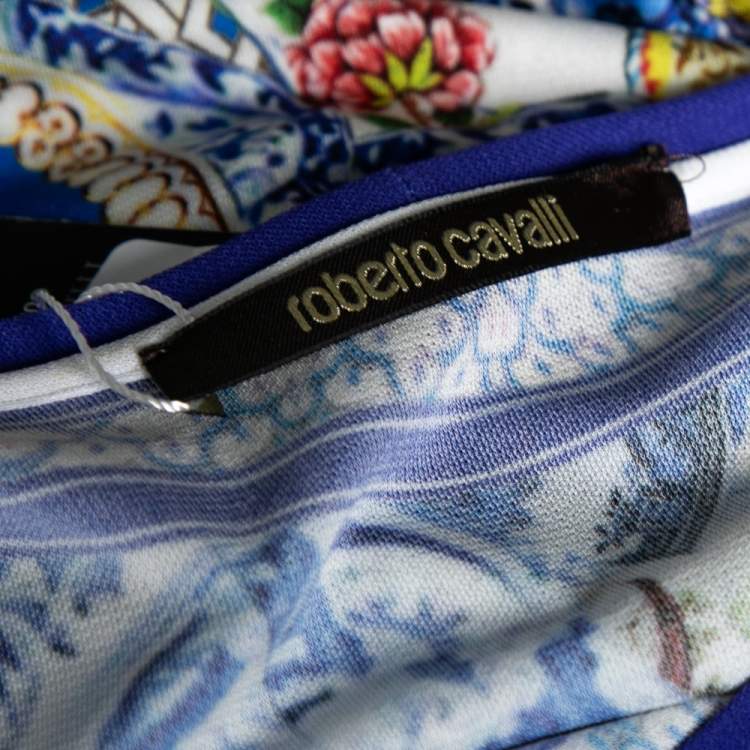 Pre Owned Roberto Cavalli Blue Floral Printed Jersey Dress M