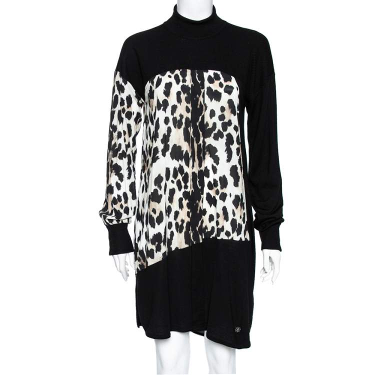 Pre Owned Roberto Cavalli Black and Brown Leopard Print Wool & Silk Turtleneck Dress M